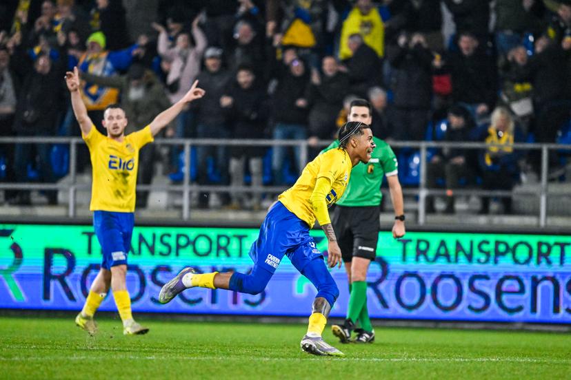 Beveren's Jearl Margaritha celebrates after scoring during a soccer game between SK Beveren and Beerschot VA, Saturday 20 December 2025 in Beveren, on day 19 of the 2025-2026 'Challenger Pro League' 1B second division of the Belgian championship. BELGA PHOTO TOM GOYVAERTS