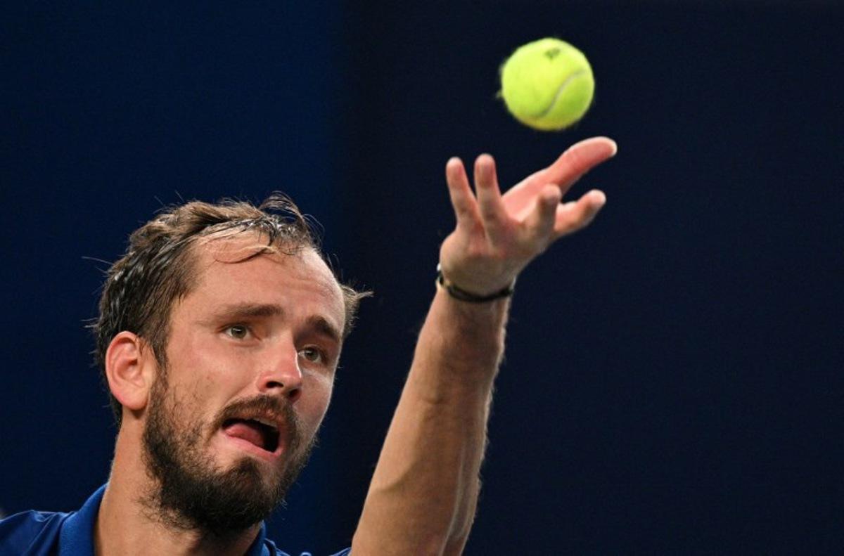 Russia's Daniil Medvedev serves to Rafael Jodar during their men's singles semi-final match at the Shanghai Masters tennis tournament in Shanghai on October 17, 2026.  Hector RETAMAL / AFP