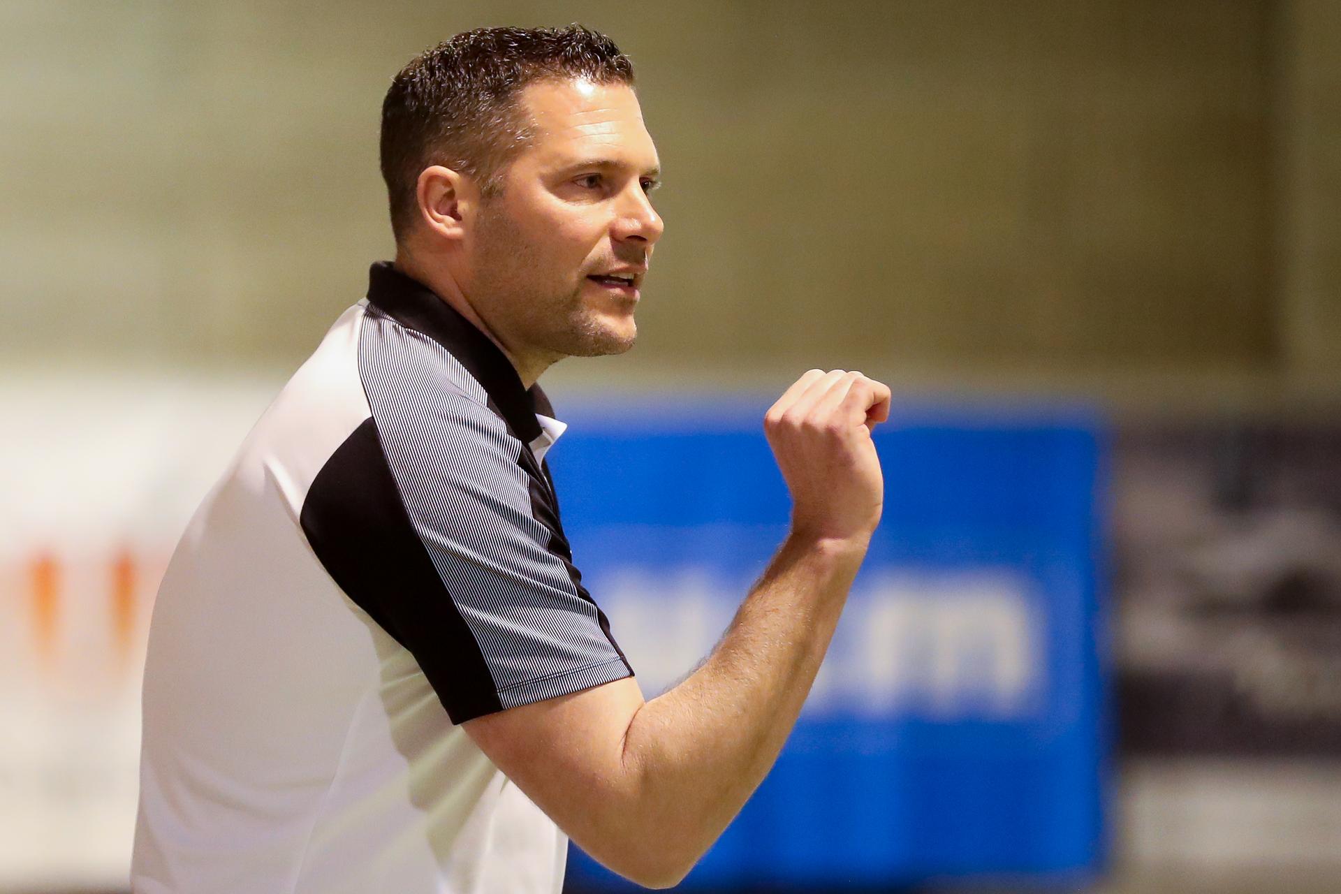 Vise's head coach Douven Korneel pictured during the match between HC Vise and Initia Hasselt in the Bene league handball competition, Saturday 09 March 2019 in Vise. BELGA PHOTO BRUNO FAHY