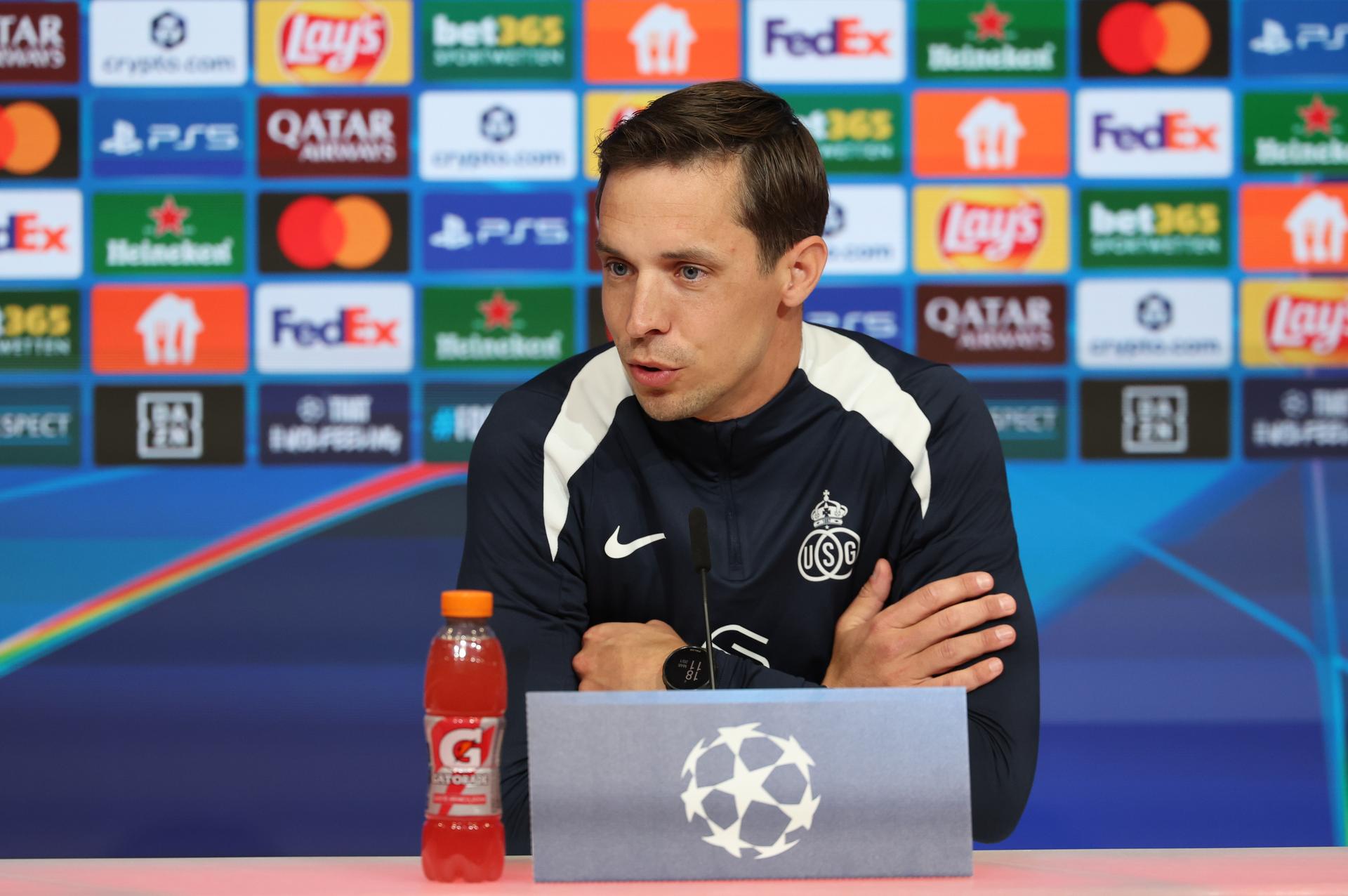 Union's head coach David Hubert pictured during a press conference of Belgian soccer team Royale Union Saint-Gilloise in Munich, Germany on Tuesday 20 January 2026. The team is preparing for tomorrow's match against German FC Bayern Munchen, on day seven of the League phase of the UEFA Champions League tournament. BELGA PHOTO VIRGINIE LEFOUR