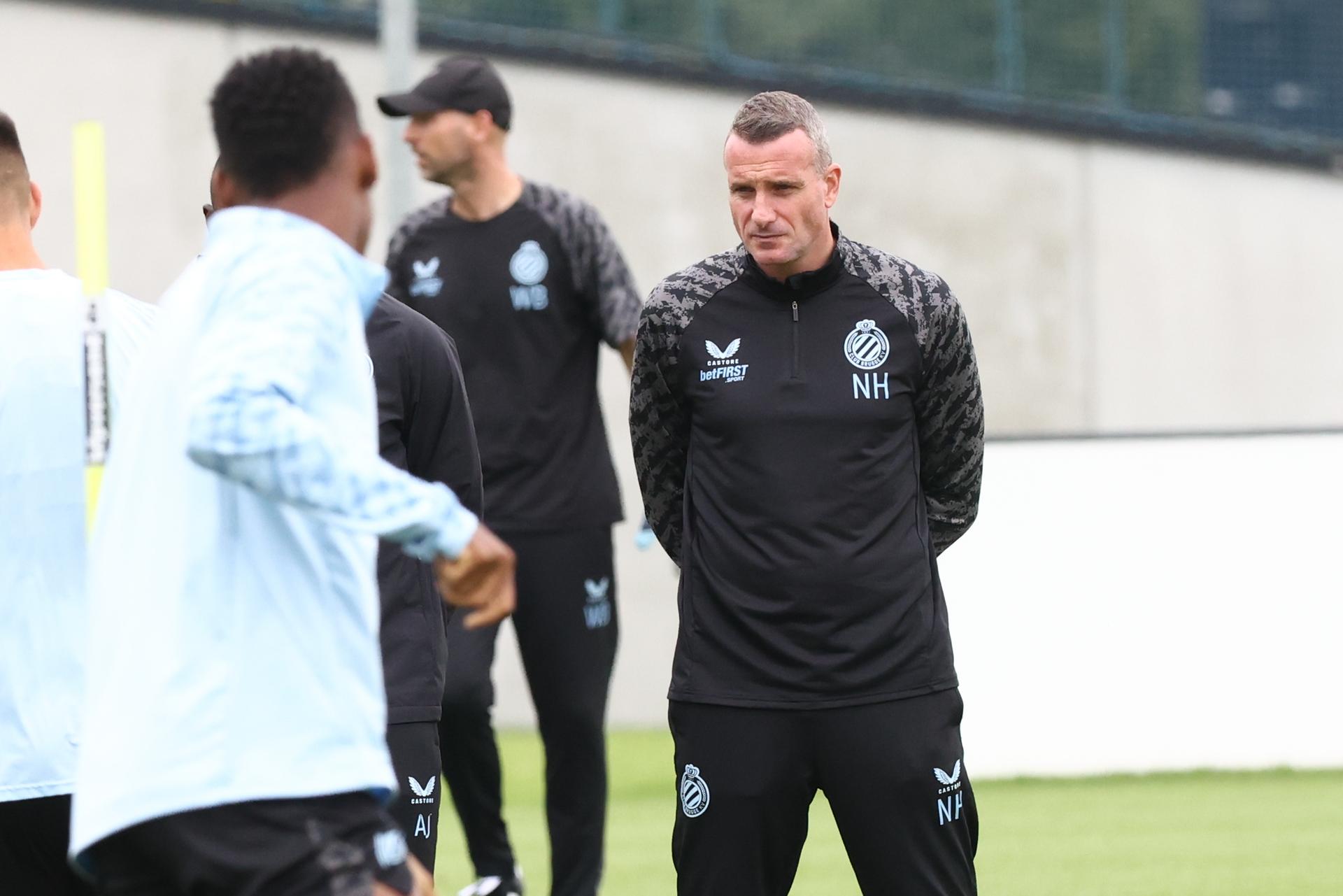 Club's head coach Nicky Hayen pictured during a training session of Belgian soccer team Club Brugge, Monday 18 August 2025 in Brugge. The team will play the scottish team Glasgow Rangers on Tuesday, on the first leg of play-offs of the Champions League tournament. BELGA PHOTO BRUNO FAHY