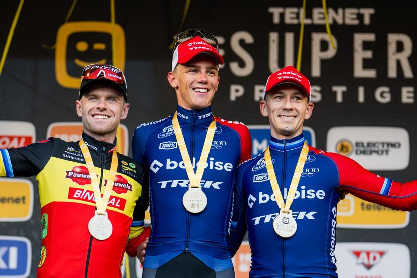 Belgian Eli Iserbyt, Belgian Thibau Nys and Dutch Lars Van Der Haar pictured on the podium after the men's elite race of the Superprestige race of Overijse, stage 2 (out of 9) in the Superprestige cyclocross competition, in Overijse, Sunday 27 October 2024. BELGA PHOTO JASPER JACOBS