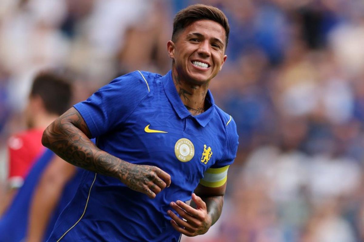 Chelsea's Argentinian midfielder #08 Enzo Fernandez reacts after failing to score during the pre-season friendly football match between Chelsea and Real Sociedad at Stamford Bridge in London on August 15, 2026.  Adrian DENNIS / AFP