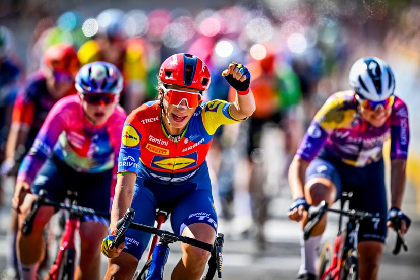 Italian Elisa Balsamo of Lidl-Trek celebrates as she crosses the finish line at the women's race of the 113th edition of the 'Scheldeprijs' one day cycling event, 202,8 km from Terneuzen, the Netherlands to Schoten, Belgium on Wednesday 09 April 2025. BELGA PHOTO ERIC LALMAND