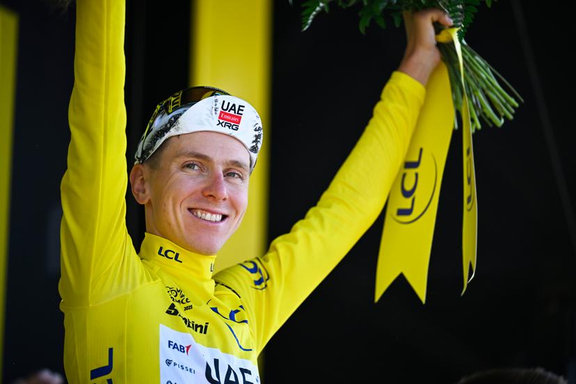 Slovenian Tadej Pogacar of UAE Team Emirates celebrates on the podium after winning stage 13 of the 2025 Tour de France cycling race, an 11km individual time trial from Loudenvielle to Peyragudes, on Friday 18 July 2025 in France. The 112th edition of the Tour de France starts on Saturday 5 July in Lille, France, and will finish in Paris, France on the 27th of July.   BELGA PHOTO JASPER JACOBS