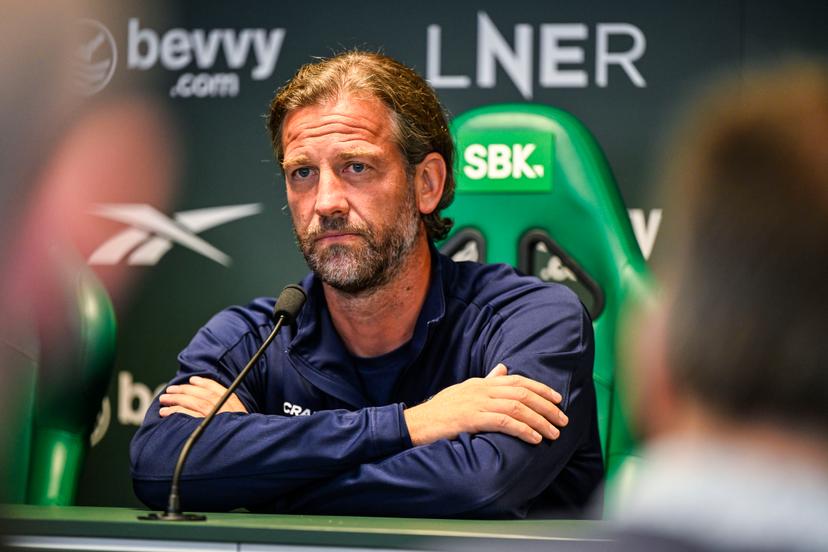 Gent's head coach Rik De Mil pictured during a press conference of Belgian soccer team KAA Gent, Wednesday 26 August 2026 in Edinburgh, in preparations of the return leg of the play-off round for the UEFA Conference League league phase, against Scottish team Hibernian FC. BELGA PHOTO TOM GOYVAERT