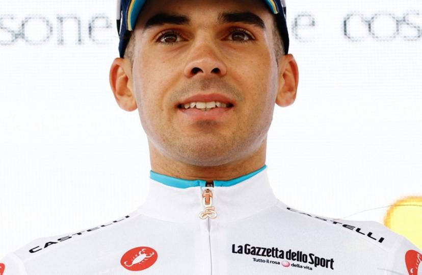 XDS Astana Team Uruguayan rider Guillermo Silva wearing the best young rider's white jersey (Maglia Bianca) celebrates on the podium after the 3nd stage of the Giro d'Italia 2026 - Tour of Italy cycling race between Plovdiv and Sofia, Bulgaria, on May 10, 2026.   Luca Bettini / AFP