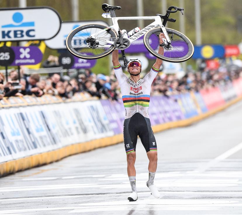 Dutch Mathieu van der Poel of Alpecin-Deceuninck celebrates as he crosses the finish line to win the men's race of the 'Ronde van Vlaanderen/ Tour des Flandres/ Tour of Flanders' one day cycling event, 270,8km from Antwerp to Oudenaarde, Sunday 31 March 2024. BELGA PHOTO MARC GOYVAERTS