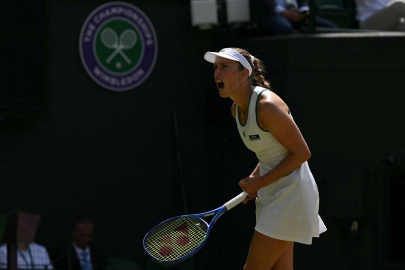 Belgium's Elise Mertens celebrates against Kazakhstan's Elena Rybakina during their women's singles third round tennis match on the sixth day of the 2026 Wimbledon Championships at The All England Lawn Tennis and Croquet Club in Wimbledon, southwest London, on July 4, 2026.  Glyn KIRK / AFP