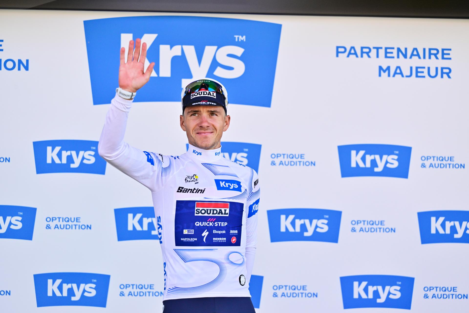 Belgian Remco Evenepoel of Soudal Quick-Step celebrates on the podium in the white jersey for best young rider after stage 12 of the 2025 Tour de France cycling, from Auch to Hautacam (181 km), on Thursday 17 July 2025 in France. The 112th edition of the Tour de France starts on Saturday 5 July in Lille, France, and will finish in Paris, France on the 27th of July.   BELGA PHOTO DIRK WAEM