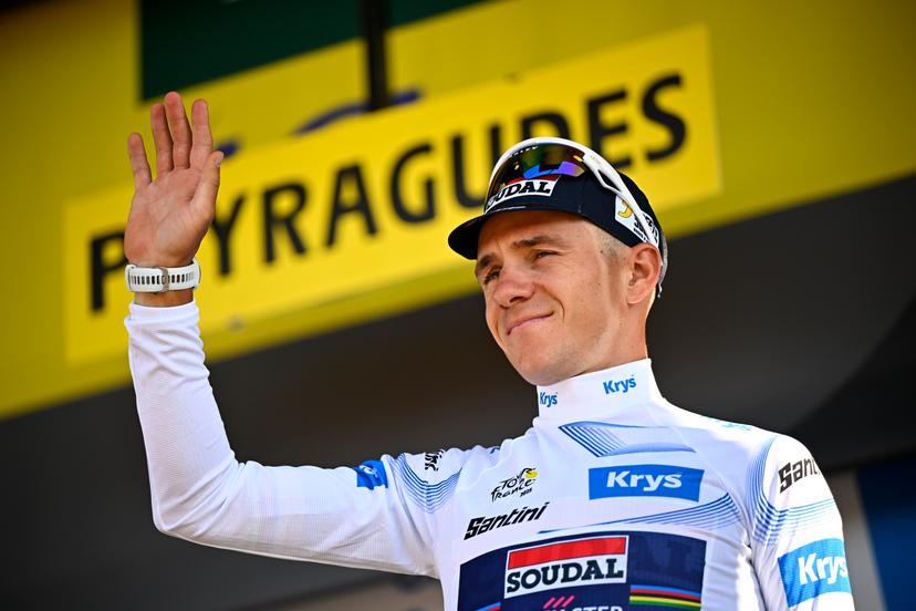 Belgian Remco Evenepoel of Soudal Quick-Step celebrates on the podium in the white jersey for best young rider after stage 13 of the 2025 Tour de France cycling race, an 11km individual time trial from Loudenvielle to Peyragudes, on Friday 18 July 2025 in France. The 112th edition of the Tour de France starts on Saturday 5 July in Lille, France, and will finish in Paris, France on the 27th of July.   BELGA PHOTO JASPER JACOBS