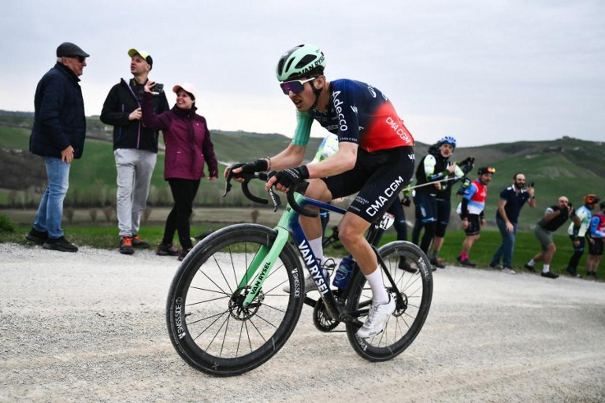 Decathlon CMA CGM Team's French Paul Seixas rides during the 20th one-day classic 'Strade Bianche' (White Roads) men's cycling race between Siena and Siena in Tuscany on March 7, 2026.  Marco BERTORELLO / AFP