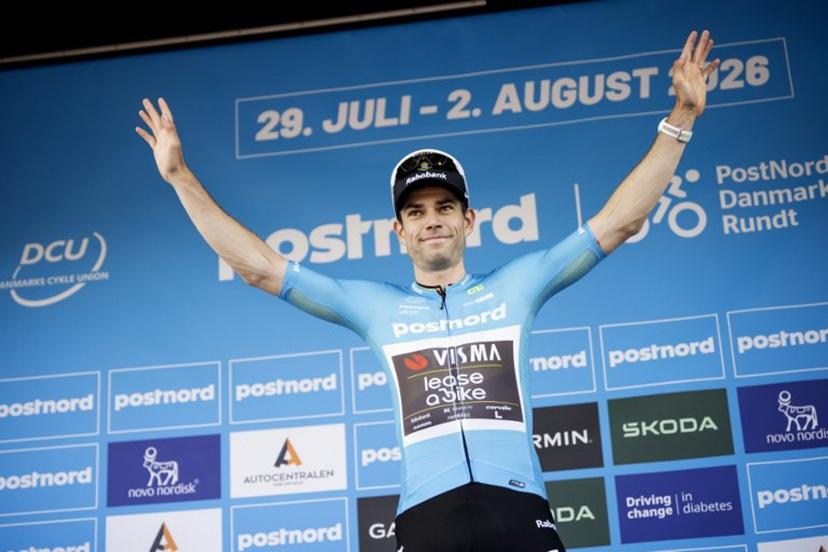 Team Visma - Lease a bike team's Belgian rider Wout van Aert celebrates on the podium winning Stage 1 of the PostNord Danmark Rundt, in Aalborg on July 29, 2026.   Bo Amstrup / Ritzau Scanpix / AFP