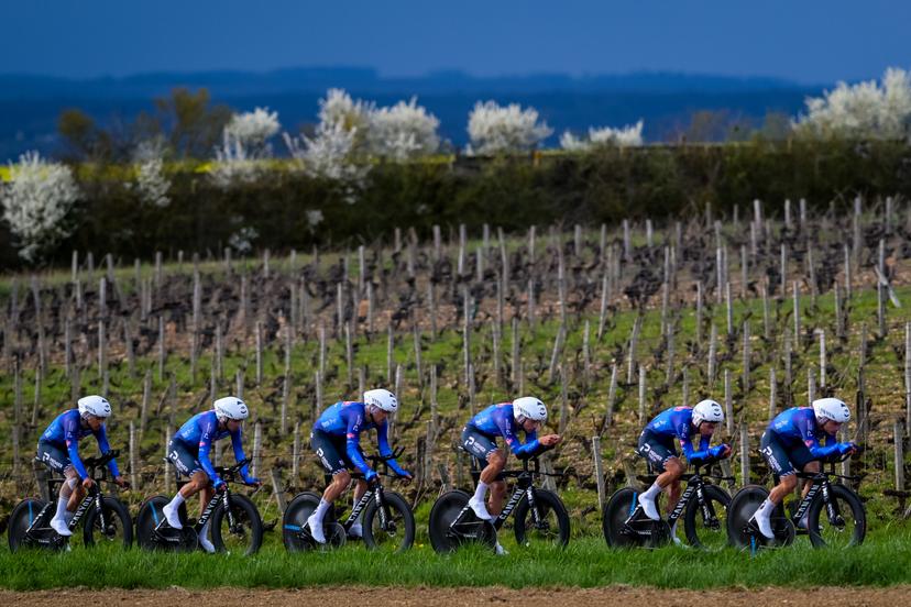 Alpecin-Premier Tech riders pictured in action during the third stage of 84th edition of the Paris-Nice cycling race, a team time trial from Cosne-Cours-sur-Loire to Pouilly-sur-Loire (23,5 km), on Tuesday 10 March 2026. BELGA PHOTO DAVID PINTENS