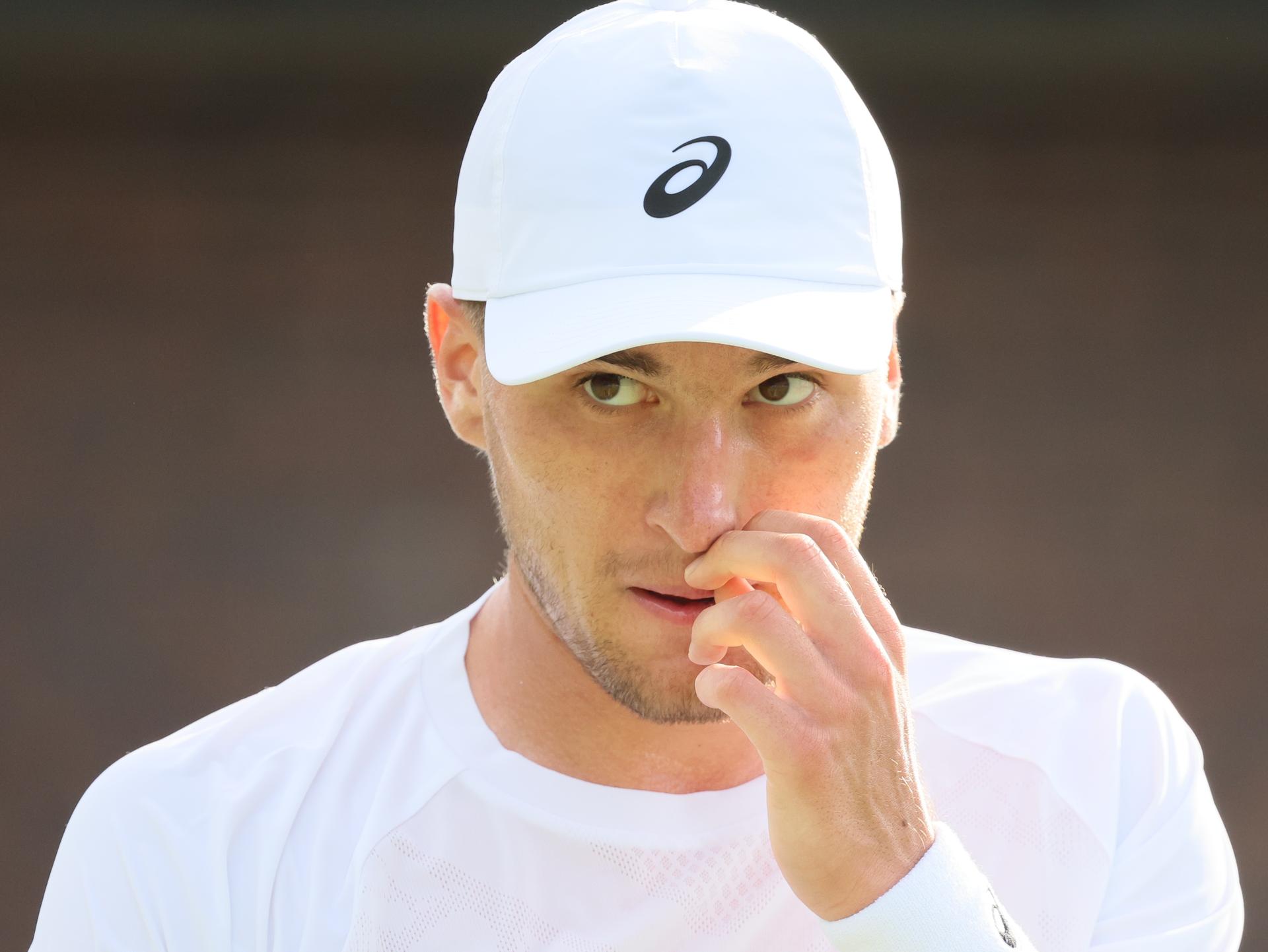 Belgian Raphael Collignon pictured in action at a tennis game against Croatian Cilic, in the first round of the men's singles at the 2025 Wimbledon grand slam tournament, Tuesday 01 July 2025 at the All England Tennis Club, in South-West London, Britain. BELGA PHOTO BENOIT DOPPAGNE
