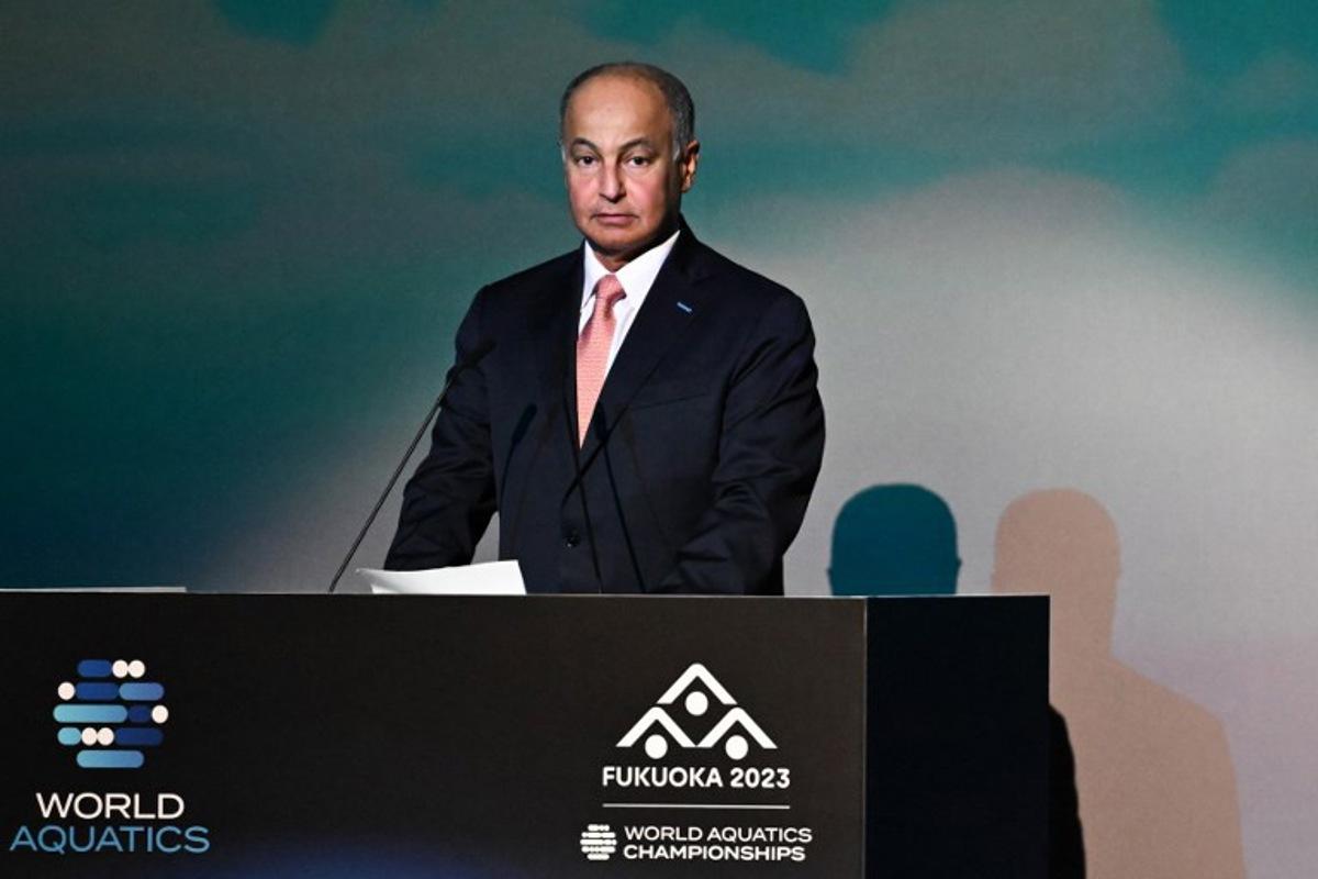 World Aquatics President Husain al-Musallam delivers a speech during the opening ceremony of the World Aquatics Championships in Fukuoka on July 14, 2023.  Philip FONG / AFP
