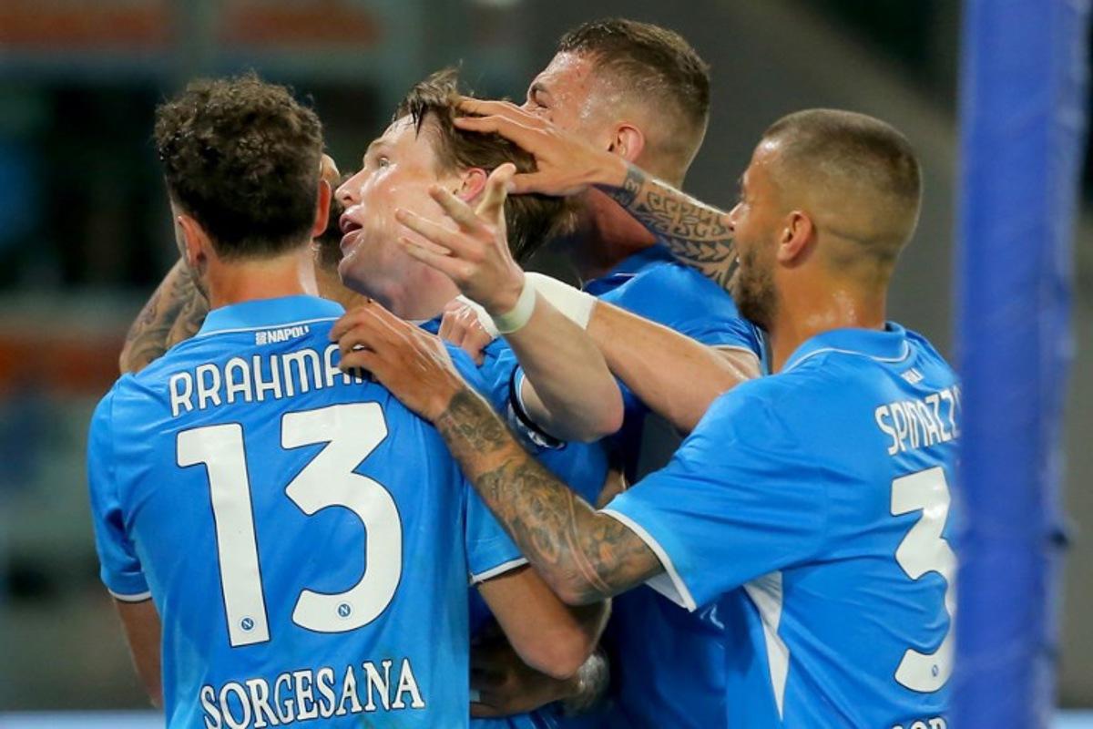 Napoli's Scottish midfielder #08 Scott McTominay celebrates after scoring his side's second goal during the Italian Serie A football match SSC Napoli against Torinoi FC at the Diego Armando Maradona Stadium, in Naples on April 27, 2025.  CARLO HERMANN / AFP