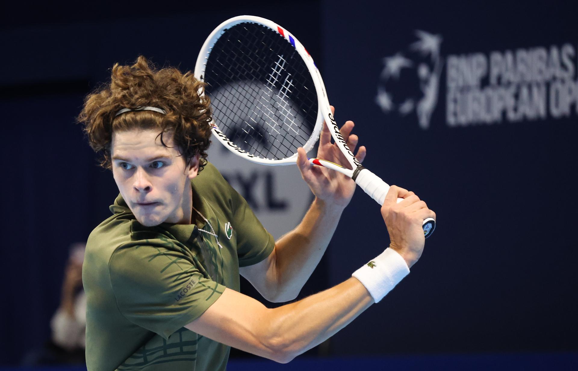 Belgian Alexander Blockx pictured in action during the European Open ATP tennis tournament in Brussels, on Sunday 12 October 2025. This year's edition of the tournament is taking place from 12 to 19 October 2025. BELGA PHOTO VIRGINIE LEFOUR