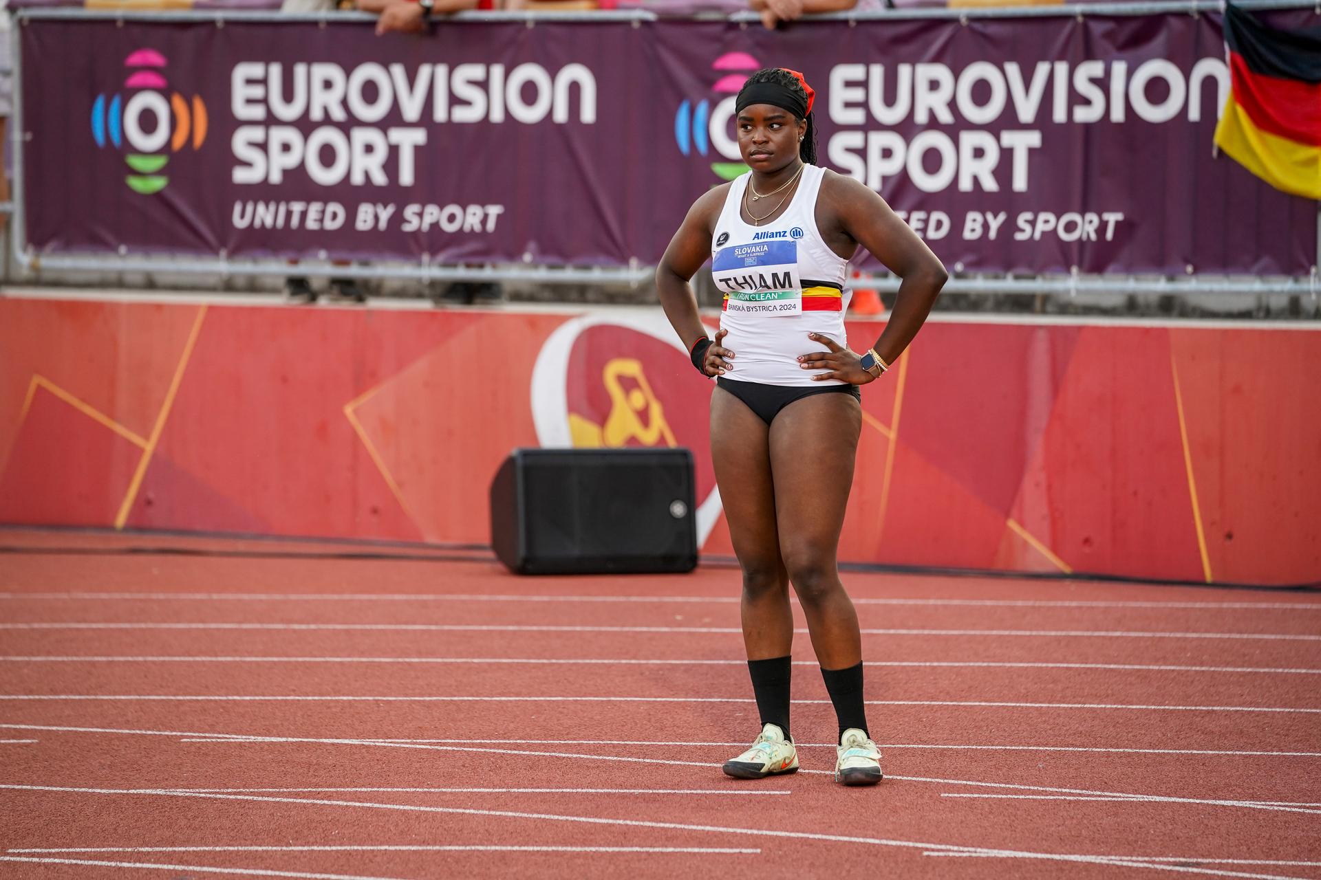 Belgian Nafy Thiam pictured in action during the shot put event at the European Athletics U18 Championships, in Banska Bystrica, Slovakia, Friday 19 July 2024. The European U18 championships take place from 18 to 21 July.  BELGA PHOTO COEN SCHILDERMAN