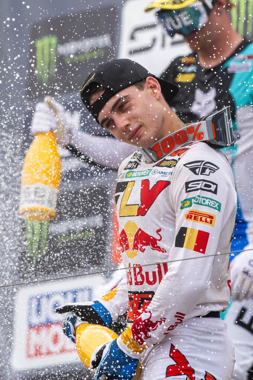 Belgium's Sacha Coenen pictured on the podium after the motocross MX2 Grand Prix Flanders, race 15/20 of the FIM Motocross World Championship, Sunday 03 August 2025 in Lommel. BELGA PHOTO JONAS ROOSENS
