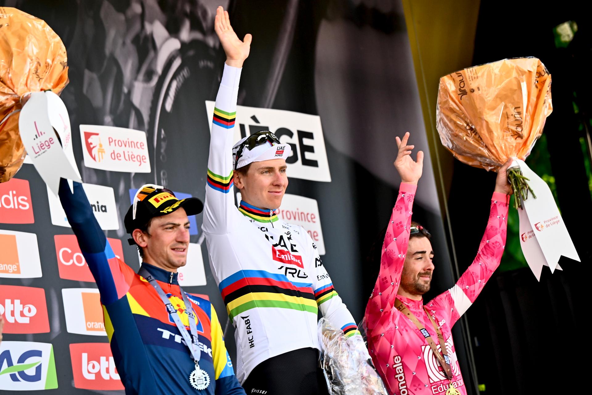 Italian Giulio Ciccone, Slovenian Tadej Pogacar of UAE Team Emirates and Irish Ben Healy of EF Education-EasyPost pictured on the podium after the men elite race of the Liege-Bastogne-Liege one day cycling event, 252km from Liege, over Bastogne to Liege, Sunday 27 April 2025. BELGA PHOTO ERIC LALMAND