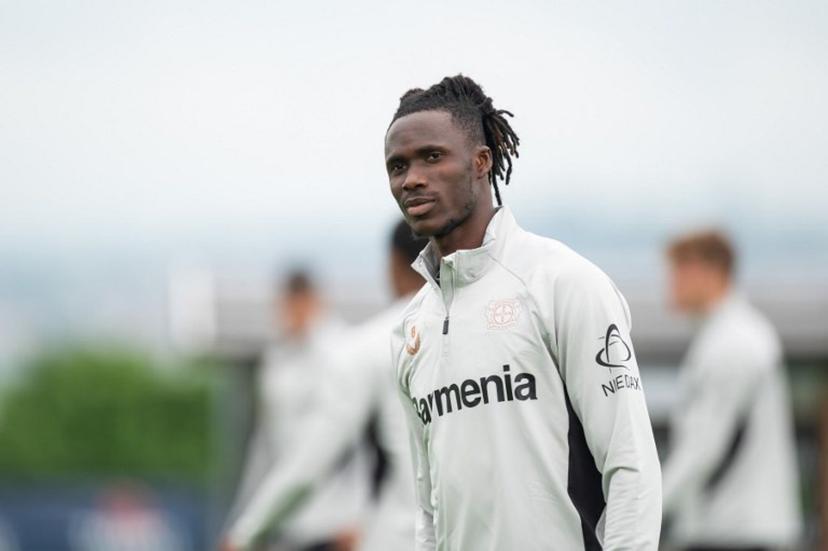 Bayer Leverkusen's Ivorian defender #06 Odilon Kossounou attends a trainings session of German first division Bundesliga football club Bayer Leverkusen, on August 1, 2024, in Donaueschingen.  SILAS STEIN / AFP