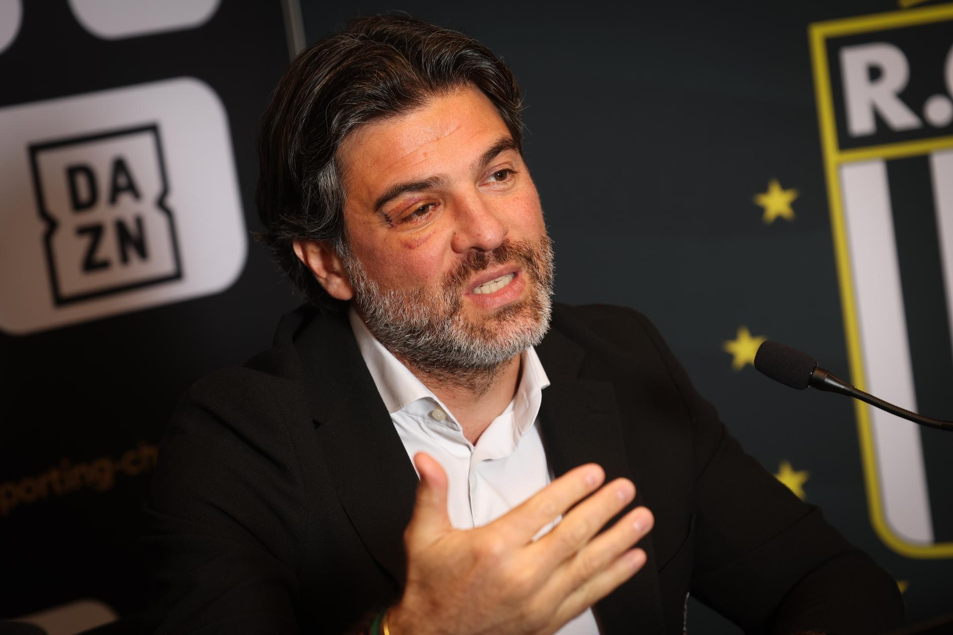 Charleroi's manager Mehdi Bayat pictured during a press conference of Belgian soccer club Sporting Charleroi to present its 2024-2027 Strategic Plan, in Charleroi, on Monday 28 October 2024.  BELGA PHOTO VIRGINIE LEFOUR