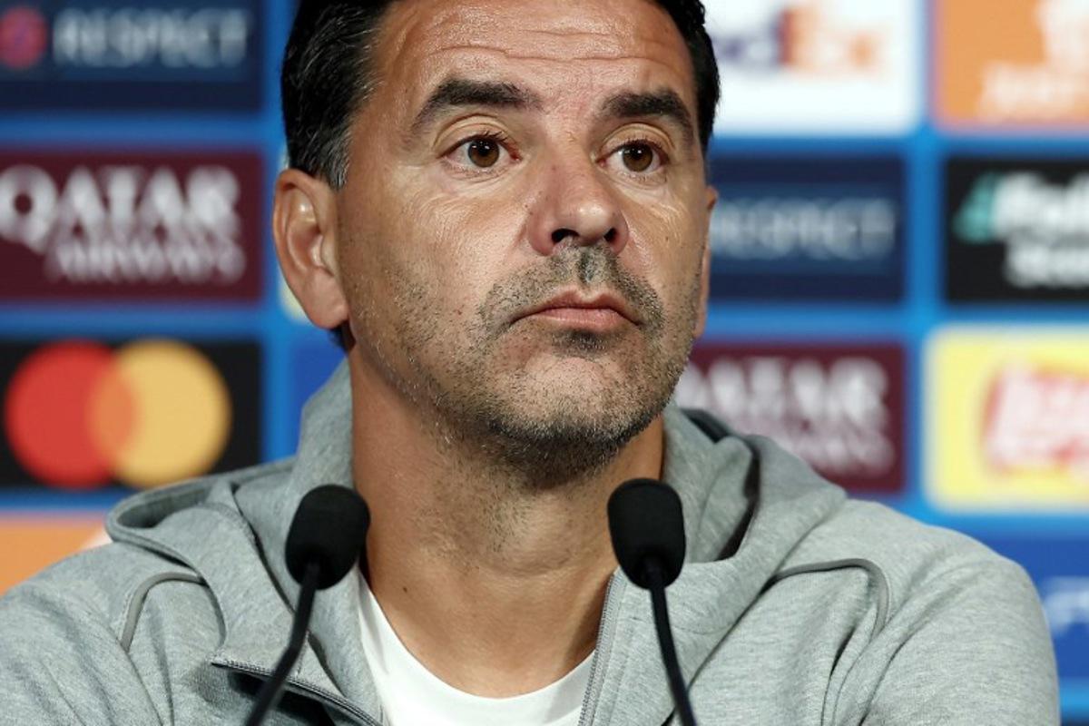 Girona's Spanish coach Michel Sanchez attends a press conference at the Parc des Princes stadium in Paris on September 17, 2024, on the eve of the UEFA Champions League football match between Paris Saint-Germain and Girona FC.  FRANCK FIFE / AFP