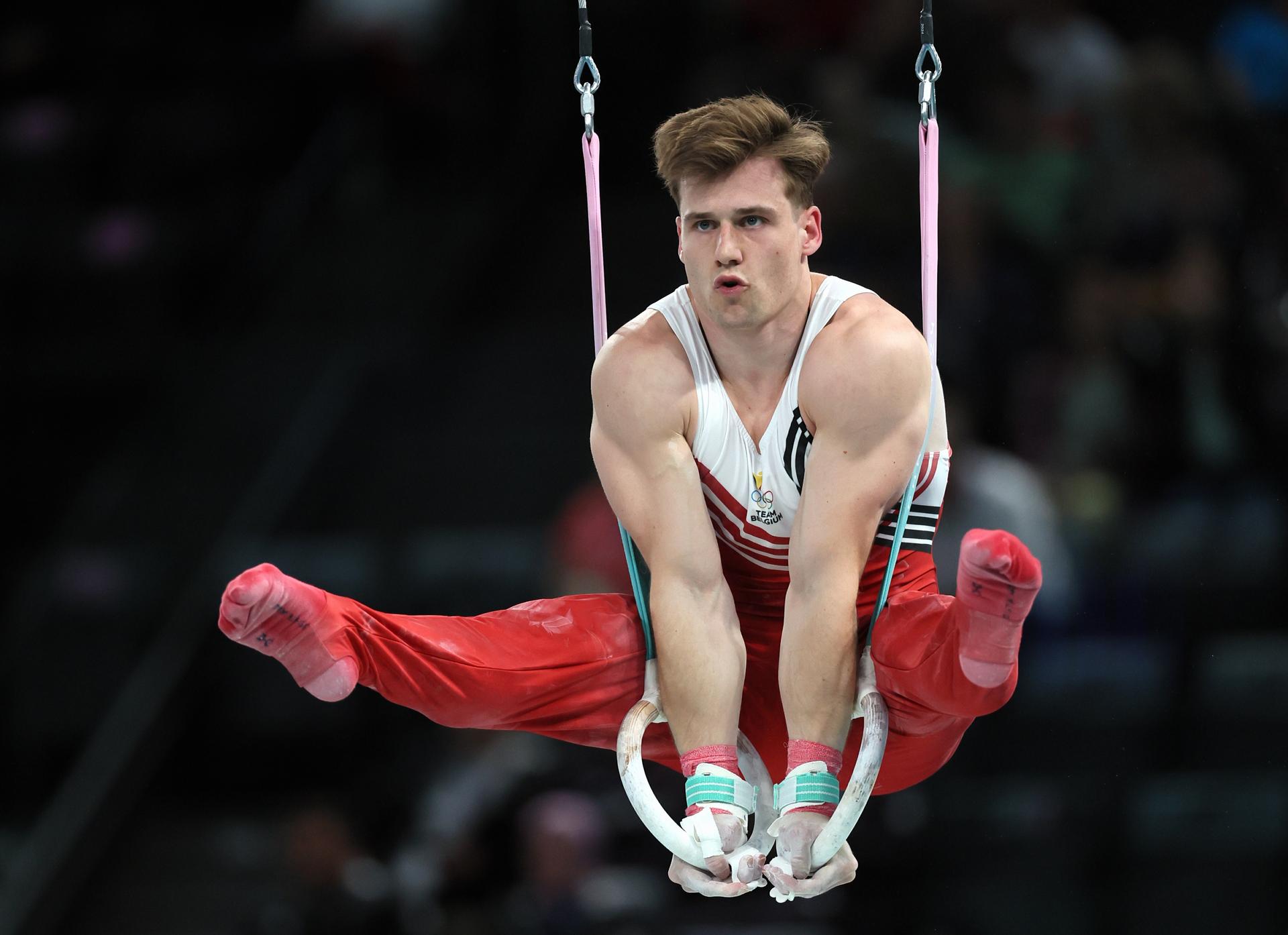 Belgian Luka Van den Keybus pictured in action during the men's gymnastics competition at the Paris 2024 Olympic Games, on Saturday 27 July 2024 in Paris, France . The Games of the XXXIII Olympiad are taking place in Paris from 26 July to 11 August. The Belgian delegation counts 165 athletes in 21 sports. BELGA PHOTO BENOIT DOPPAGNE