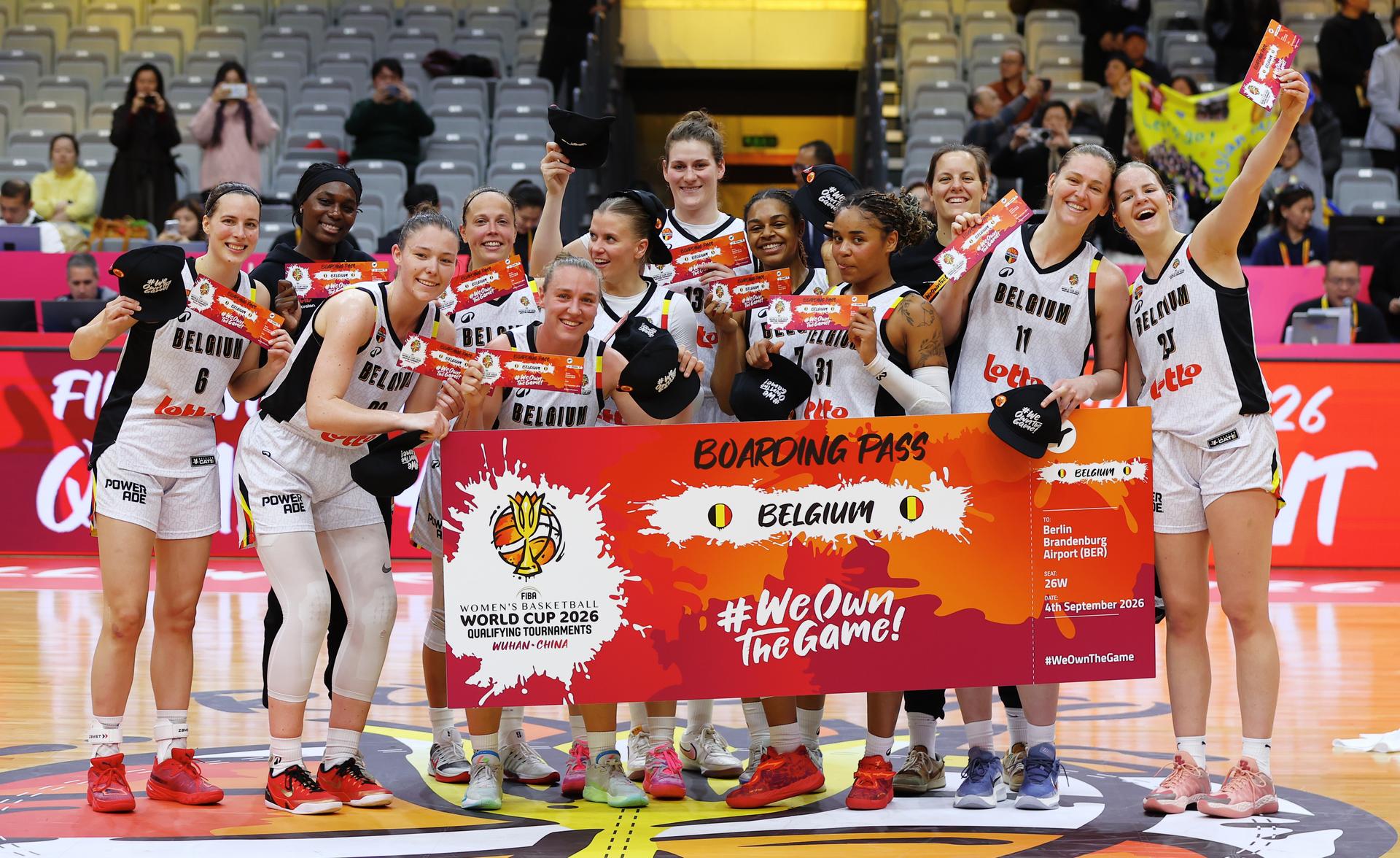 Belgium's national team Belgian Cats celebrate after qualifying for the 2026 FIBA Women's Basketball World Cup, in Wuhan, China, on Tuesday 17 March 2026, after the fifth game (out of 5) of the qualifications phase for the World Cup Basket tournament. BELGA PHOTO NIKOLA KRSTIC