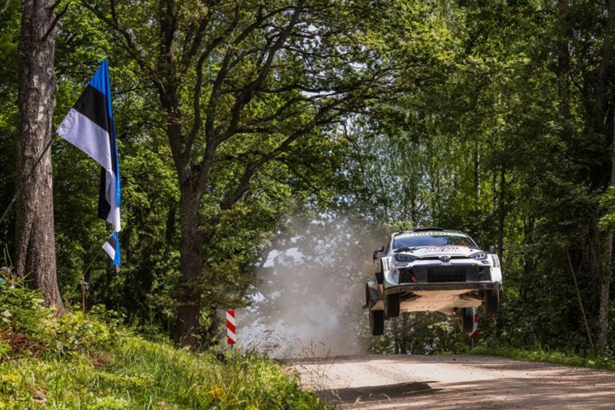 Swedish driver Oliver Solberg and his British co-driver Elliott Edmondson compete in their Toyota Yaris Rally1 during the Stage Kanepi of the Rally Estonia, eighth round of the FIA World Rally Championship in July 19, 2025 near Otepaa, Estonia.  TIMO ANIS / AFP