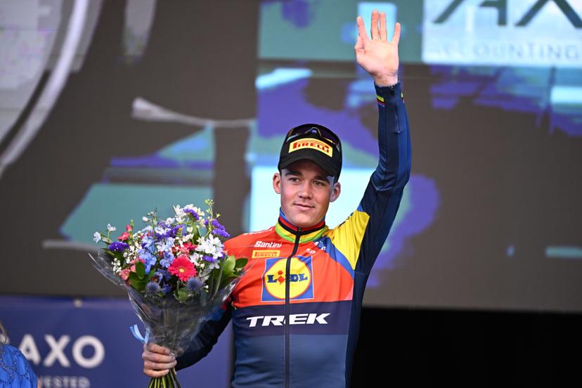 Austrian Tobias Bayer of Alpecin-Deceuninck and pictured on the podium after finishing second of the 'E3 Saxo Bank Classic' one day cycling race, 208,8 km from and to Harelbeke, on . BELGA PHOTO JASPER JACOBS