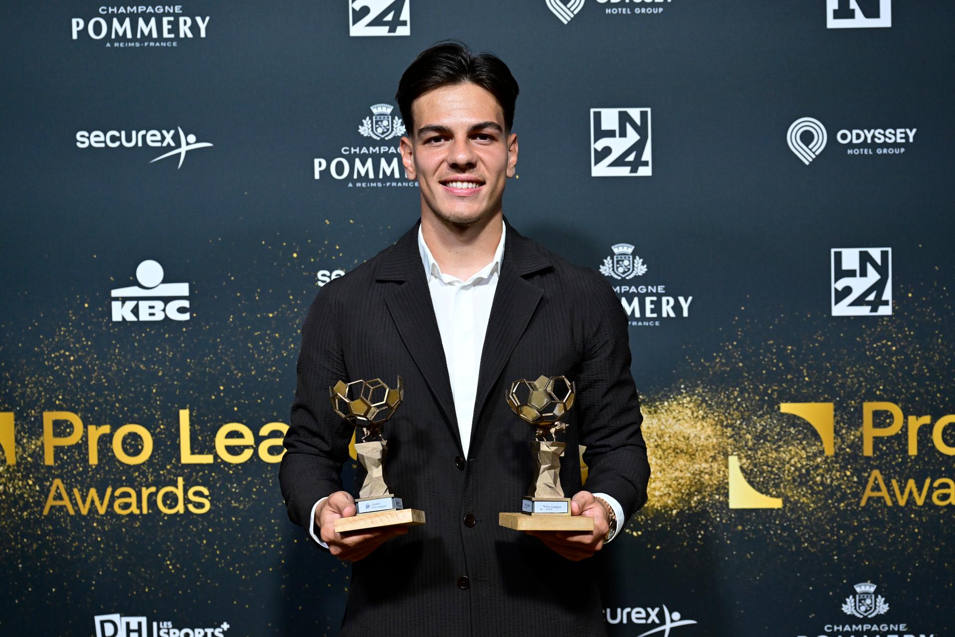 Club's Ardon Jashari poses with his awards during the Pro League Awards 2025, for the best players in the 1st and 2nd divisions of the 2024_2025 Belgian soccer championships, Monday 26 May 2025 in Antwerp.  BELGA PHOTO DIRK WAEM