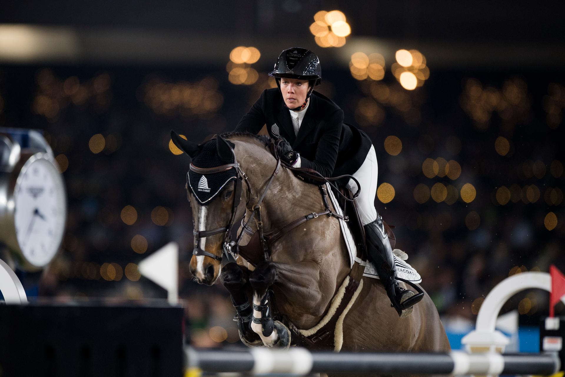 Belgian Gudrun Patteet  with Sea Coast Pebbles Z pictured in action during the FEI World Cup Jumping competition at the 'Vlaanderens Kerstjumping - Memorial Eric Wauters' equestrian event, in Mechelen, Sunday 30 December 2018. BELGA PHOTO JASPER JACOBS
