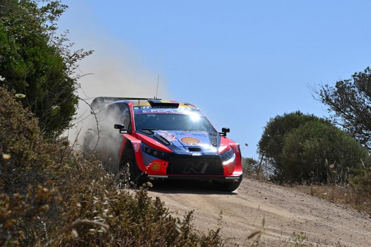 Belgium driver Thierry Neuville steers his Hyundai i20N Rally 1 assisted by his co-driver Martijn Wydaeghe, as they compete in the SS15 special between San Giacomo and Plebi during the 22nd edition of the Rally Italia Sardegna, 6th round of the FIA World Rally Championship (WRC), near Olbia, Sardinia, on June 8, 2025.  Andreas SOLARO / AFP