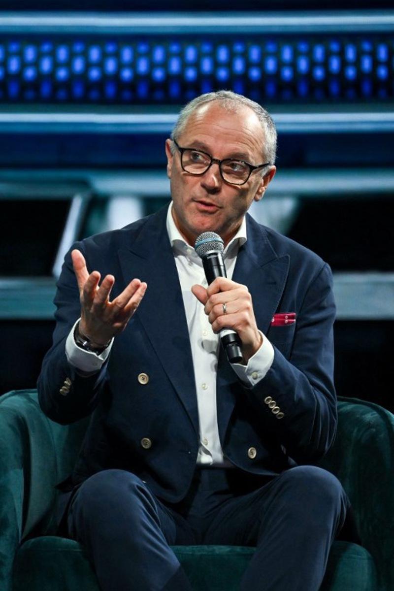 Stefano Domenicali, CEO of Formula 1, speaks at the American Business Forum at the Kaseya Center in Miami on November 5, 2025.  Chandan Khanna / AFP