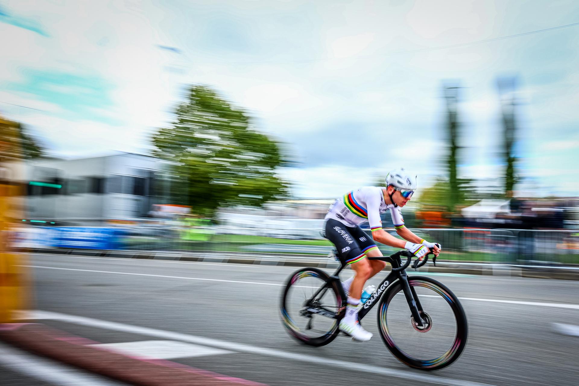 Slovenia Tadej Pogacar pictured in action during the Men Elite raod race, a 202,5 km from Privas to Guilherand-Granges, at the UEC road European cycling championships, Sunday 05 October 2025, France. The European cycling championships Drome-Ardeche takes place from 1 to 5 October, France. BELGA PHOTO DAVID PINTENS