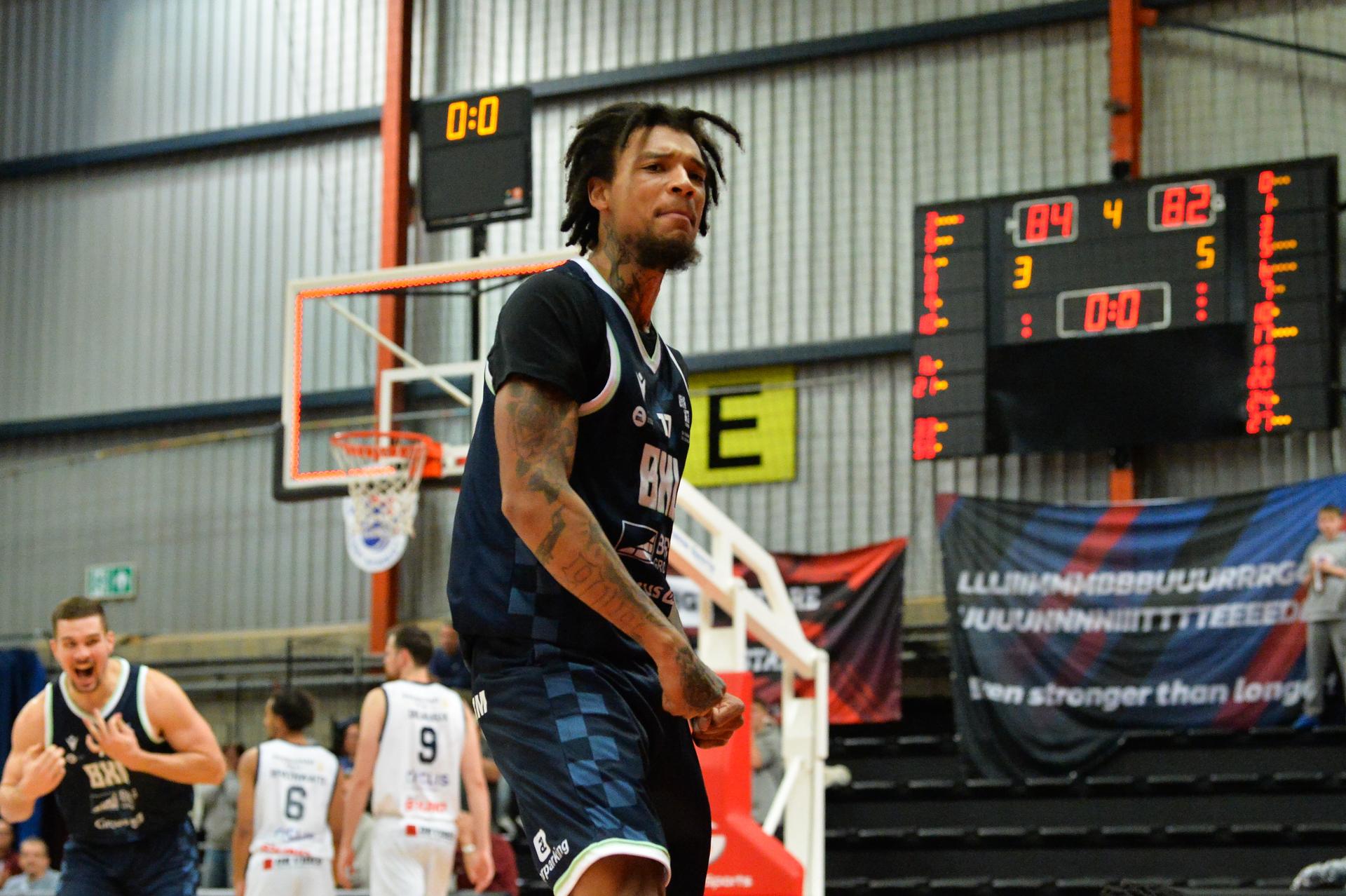 Brussels' Demetric Horton reacts during a basketball match between Limburg United and Brussels, Friday 03 October 2025 in Mechelen, on day 2 of the 'BNXT League' Belgian/ Dutch first division basket championship. BELGA PHOTO JILL DELSAUX