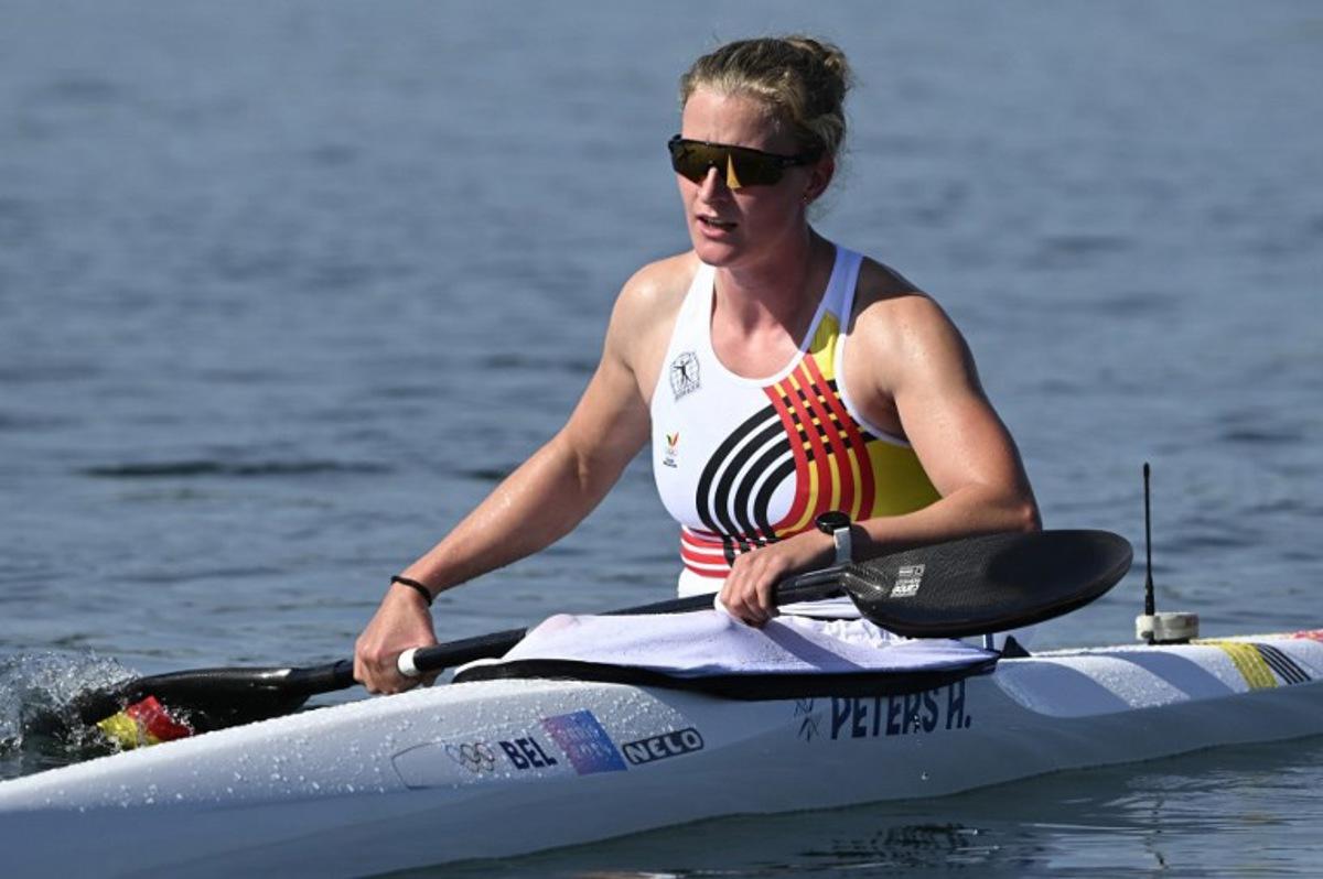 Belgium's Hermien Peters reacts after competing in the women's kayak single 500m semifinal of the canoe sprint competition at Vaires-sur-Marne Nautical Stadium in Vaires-sur-Marne during the Paris 2024 Olympic Games on August 10, 2024.  Olivier MORIN / AFP