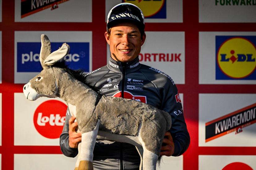 Belgian Jasper Philipsen of Alpecin-Deceuninck celebrates on the podium after winning the Kuurne-Brussels-Kuurne one day cycling race, 196,9 km from Kuurne to Kuurne via Brussels, Sunday 02 March 2025. BELGA PHOTO ERIC LALMAND