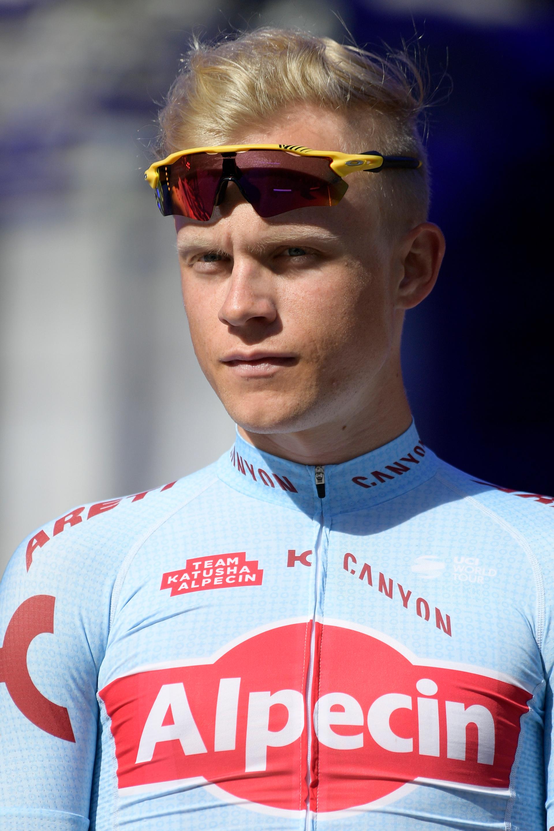 Danish Mads Wurtz Schmidt of Katusha-Alpecin pictured during the team presentation at the Grand Place - Grote Markt in Brussels, for the 106th edition of the Tour de France cycling race, Thursday 04 July 2019. This year's Tour de France starts in Brussels and takes place from July 6th to July 28th. BELGA PHOTO YORICK JANSENS