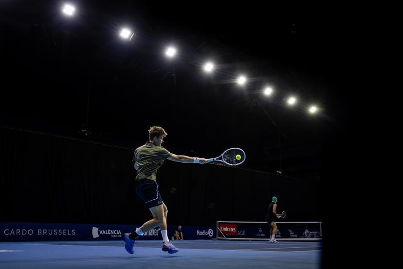 Belgian Alexander Blockx pictured in action during the European Open ATP tennis tournament in Brussels, on Thursday 16 October 2025. This year's edition of the tournament is taking place from 12 to 19 October 2025. BELGA PHOTO DAVID PINTENS