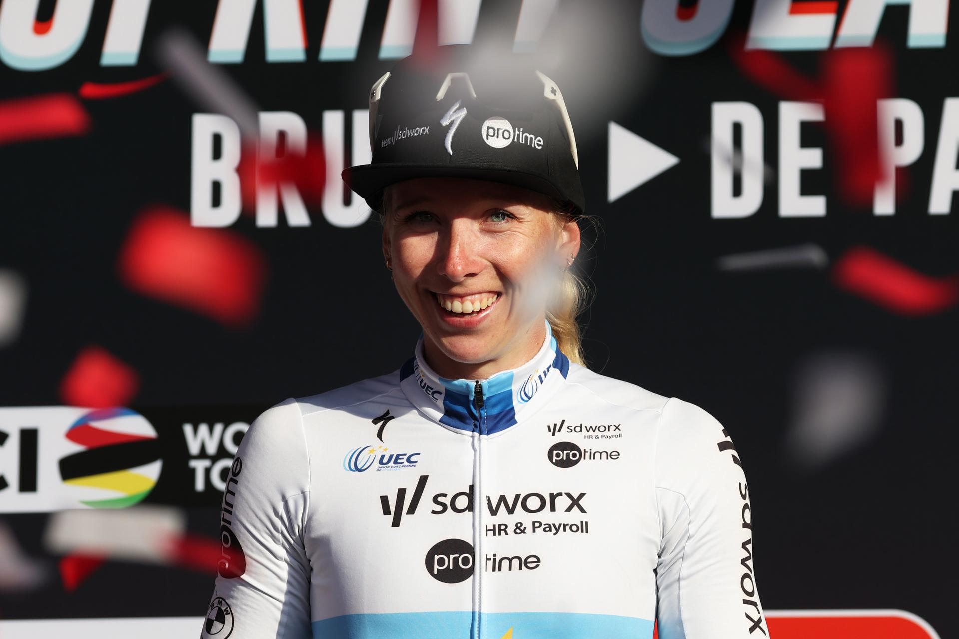 Dutch Lorena Wiebes of SD Worx-Protime celebrates on the podium after winning the 'Classic Brugge-De Panne' women's elite one-day cycling race, 152,7 km from Brugge to De Panne, Thursday 27 March 2025. BELGA PHOTO KURT DESPLENTER