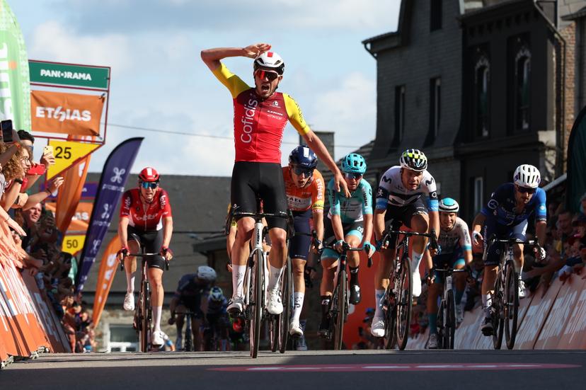 French Clement Izquierdo of Cofidis and pictured crossing the finish line and winning the fifth and final stage of the Tour De Wallonie cycling race, from and back of Bertrix (183,3 km), on Wednesday 30 July 2025. BELGA PHOTO BRUNO FAHY
