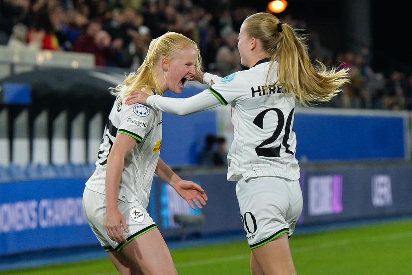 OHL Women's Linde Veefkind celebrates after scoring during a soccer match between Oud-Heverlee Leuven Women and Dutch FC Twente Vrouwen, Wednesday 15 October 2025 in Leuven, the second game in the league phase of the UEFA Women's Champions League competition. BELGA PHOTO JILL DELSAUX