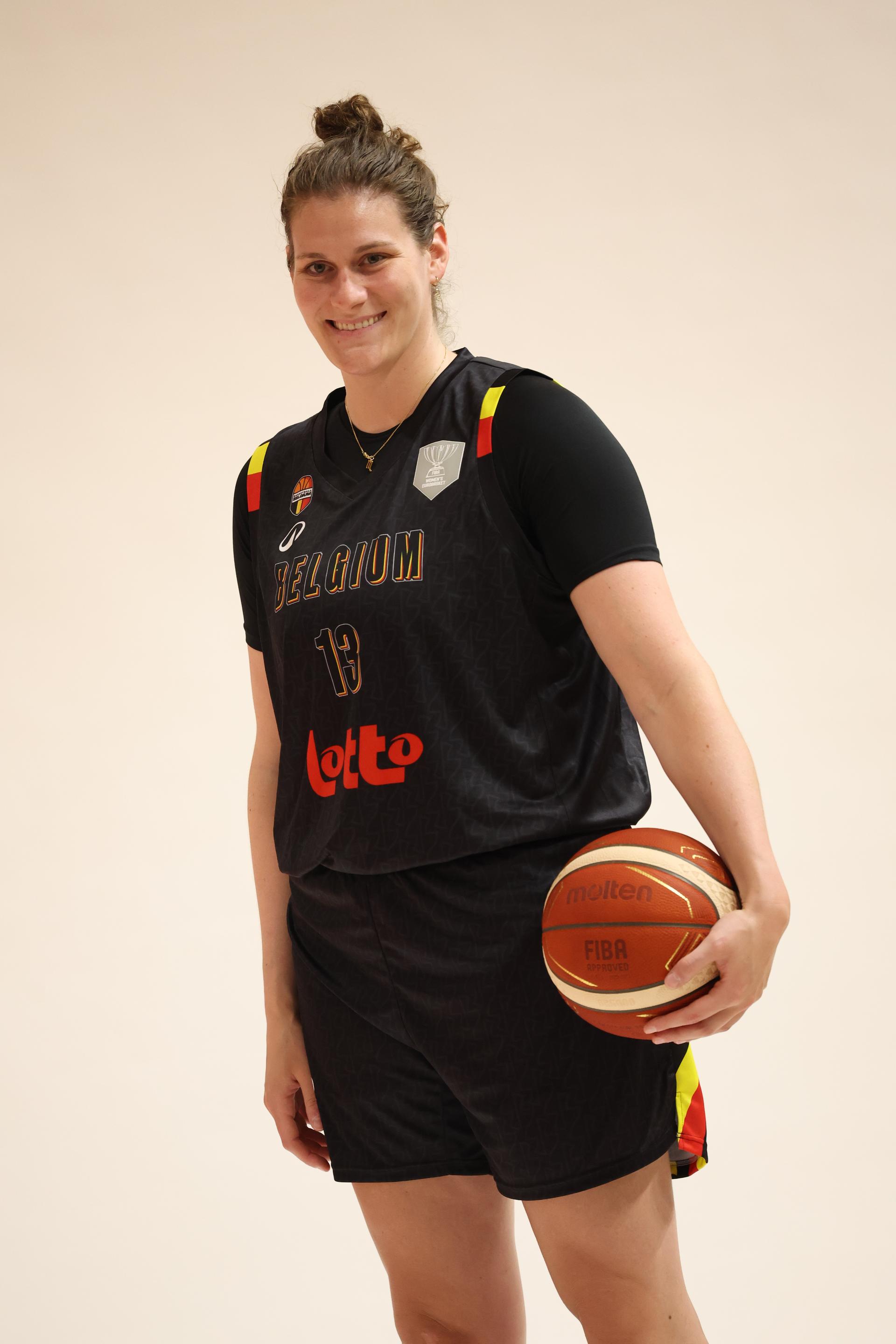 Belgium's Kyara Linskens pictured during the official shooting day of the Belgian national women team 'the Belgian Cats', in Brno, Czech Republlic, on Wednesday 18 June 2025, at the FIBA Women's EuroBasket 2025. BELGA PHOTO VIRGINIE LEFOUR
