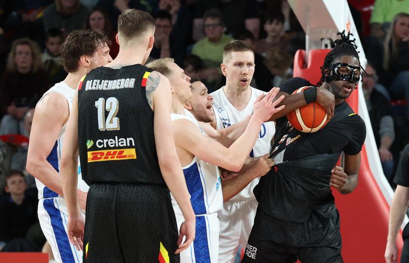 Belgium's Archange Izaw Bolavie fights for the ball during a basketball match between Belgian national team Belgian Lions and Finland, Friday 27 February 2026 in Charleroi, qualifier 3/6 for the men's 2027 FIBA World Championships. BELGA PHOTO VIRGINIE LEFOUR