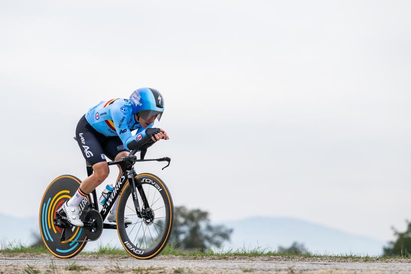 Belgian Ilan Van Wilder is pictured in action during a training session at the cycling UEC Road European Championships, in Ljubljana, Slovenia Monday 5 October 2026. The UEC Road European Championships are taking place from 02 to 07 October in Ljubljana, Slovenia. BELGA PHOTO DAVID PINTENS