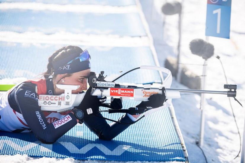 Italy's Rebecca Passler shoots during the women's 7.5-km sprint of the IBU Biathlon World Cup at Soldier Hollow Nordic Center in Midway, Utah, on March 8, 2024.  Isaac HALE / AFP