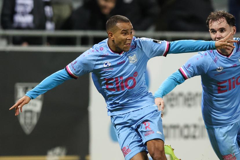 Beveren's Kurt Abrahams celebrates after scoring during a soccer game between KAS Eupen and SK BEveren, Saturday 17 January 2026 in Eupen, on day 20 of the 2025-2026 'Challenger Pro League' 1B second division of the Belgian championship. BELGA PHOTO BRUNO FAHY